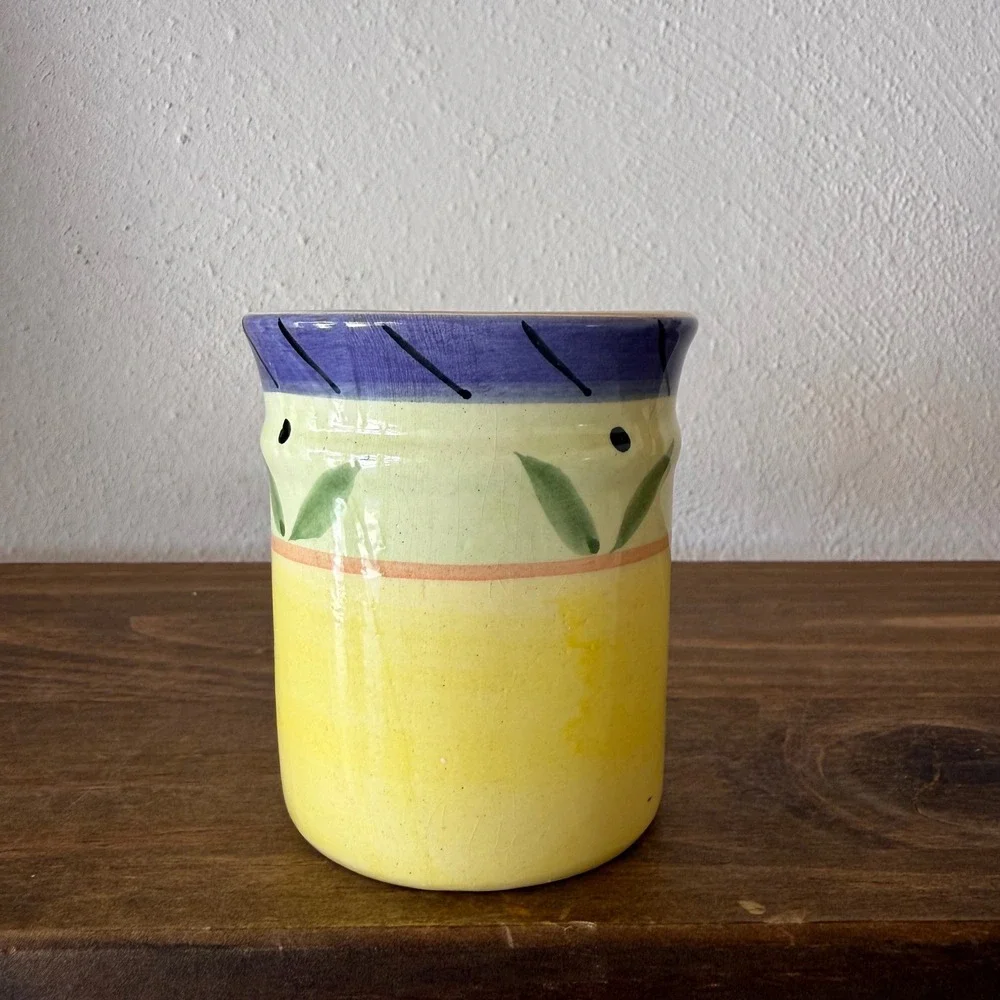 CFP Italian Hand Painted Ceramic Utensil Holder Vase Yellow Blue Mediterranean